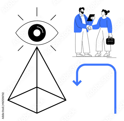 Geometric pyramid with eye, businesspeople shaking hands, curved downward arrow. Ideal for partnership, guidance, vision, innovation, strategy growth future. Perfect for a simple flat metaphor