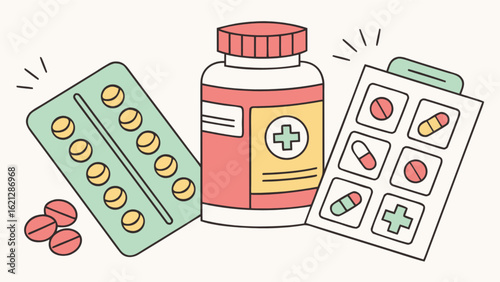 Illustration of medicine bottle, pills, and tablets, representing healthcare, treatment, and pharmaceutical products, isolated on white background