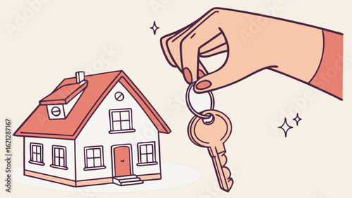 A hand holding a key in front of a house, representing the purchase of a new home, real estate, and the dream of homeownership and financial security