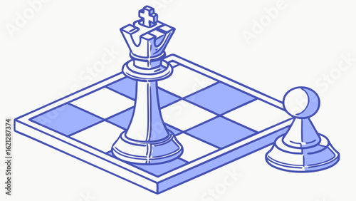 Chess king and pawn on board isolated on white background, representing strategy, leadership, and competition in a game of intellect
