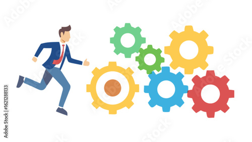 A businessman is running towards a group of colorful gears, symbolizing success, motion, and the pursuit of corporate strategy and innovative solutions