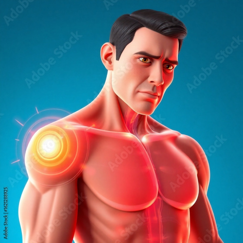 Illustration of a man with shoulder pain highlighted in red against a blue background showing discomfort created with generated ai