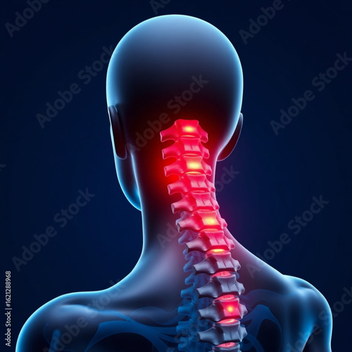 Rear view of human figure showing spine with inflammation and pain in the neck and upper back area created with generated ai