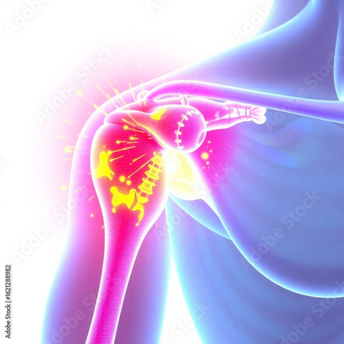 Illustration showing shoulder joint anatomy with highlighted pain points and surrounding muscle structure created with generated ai