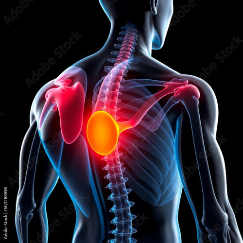 Anatomical illustration of human back with highlighted shoulder and spine showing pain area in orange created with generated ai
