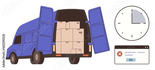 Open delivery van with stacked boxes, clock showing time pressure, error message signaling missed deadlines. Ideal for logistics, time management, deadlines, supply chain issues, efficiency