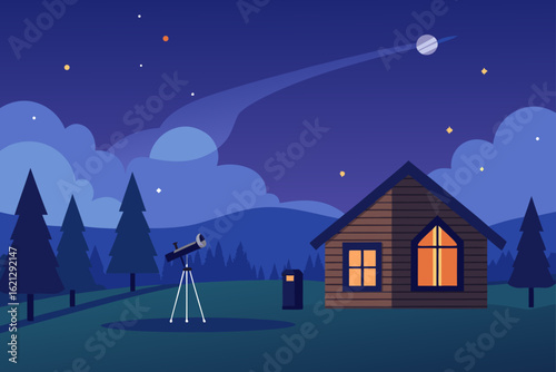 A beautiful winter night landscape with a full moon and sparkling stars illuminating a snow-covered town of festive houses