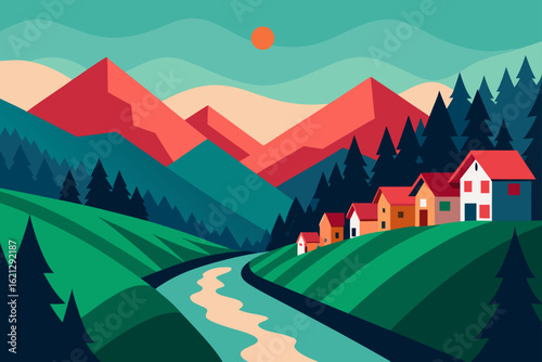 Landscape with a green mountain village with houses and trees under a summer sky