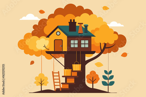A colorful cartoon illustration of a cozy cottage with a tree, a garden, and a blue sky with clouds in a summer landscape