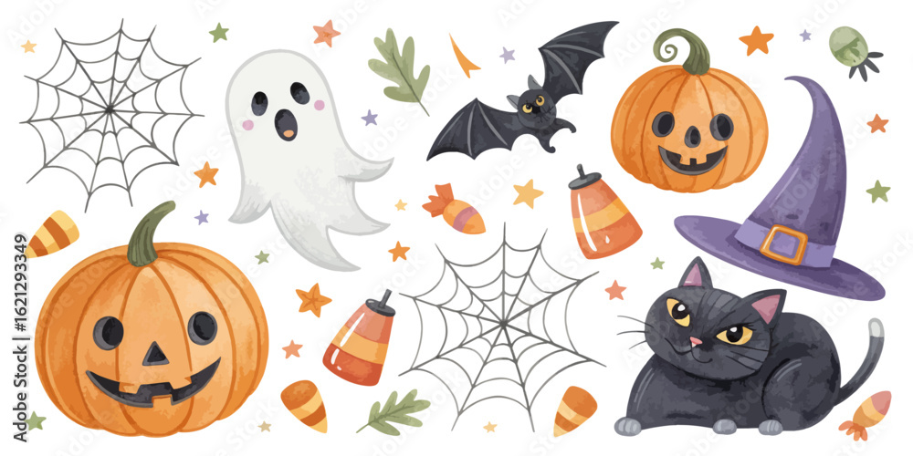 Naklejka premium Halloween Watercolor Elements – Pumpkins, Ghosts, and Bats Set