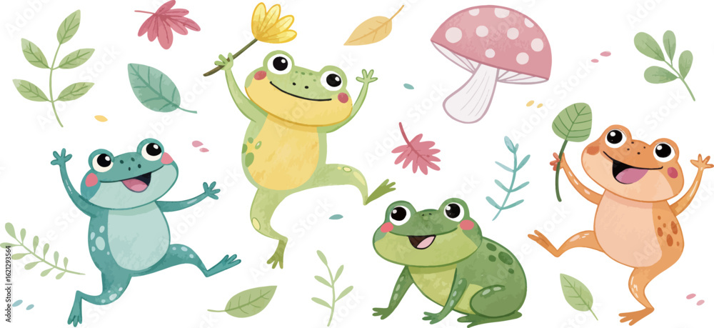Naklejka premium Whimsical Watercolor Frogs – Colorful Frogs in Playful Poses