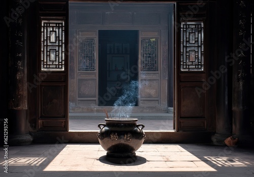 Courtyard incense burning, ancient Asian home, sunlight, serenity
