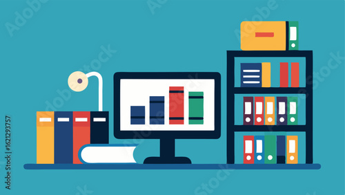 Accessible Library Resources A vector depicting a library with accessible shelves large print books and a digital screen showing resources for students with disabilities.