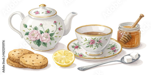 Tea Time Essentials – Watercolor Set of Teapots, Cups, and Treats