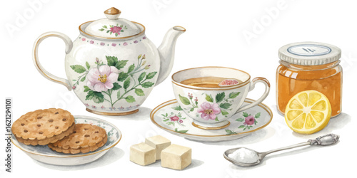 Tea Time Essentials – Watercolor Set of Teapots, Cups, and Treats