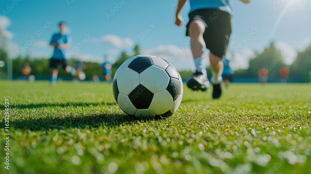 Fototapeta premium A group of young men playing soccer on a sunny day. One player in the foreground kicking a black and white ball.