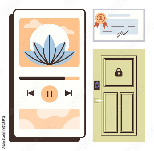 Minimalist mobile screen with meditation app, certified achievement document, and smart locked door. Ideal for relaxation, mindfulness, security, reward systems, mobile apps, future tech simple
