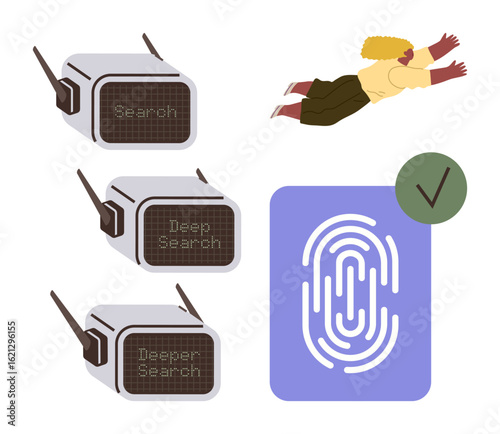 VR headsets evolving from search to deeper search, fingerprint scan, checkmark, and person diving. Ideal for innovation, security, technology, research, exploration data analysis virtual reality