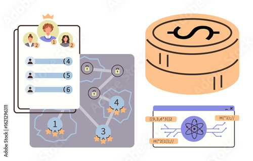 Leaderboard with avatars and scores, network nodes with padlocks, coin stack with dollar sign, scientific atomic formula. Ideal for ranking systems, financial security, blockchain, gamification, STEM