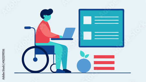 Accessible Form Filling A person with a wheelchair filling out an online form on a laptop showcasing large text fields and labels that are easy to navigate through assistive