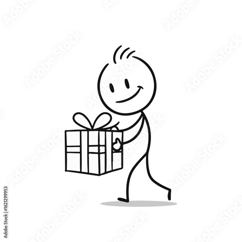 Smiling stick figure character joyfully carrying a wrapped gift against a plain white background, celebration concept of gifting or e-commerce