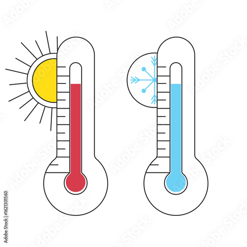 Thermometer temperature high and low, heat and frost, sun and snowflake, meteorological thermometers