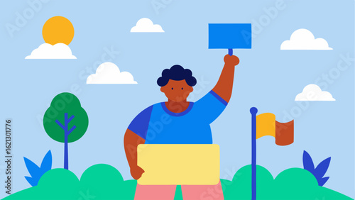 Brave Climate Activist An activist with a disability speaking passionately at an outdoor rally holding up a colorful sign and inspiring others to take action for the environment.