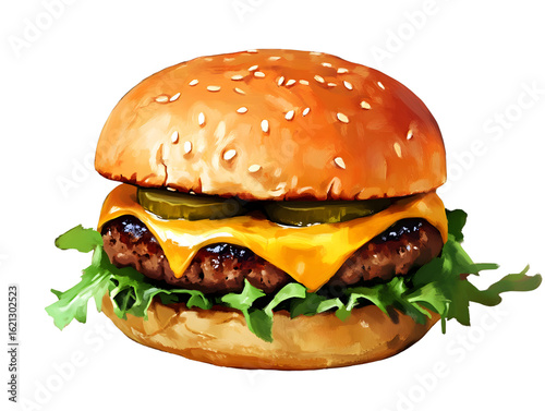 Delicious Cheeseburger with Lettuce, Tomato, Pickles, Melted Cheddar, and Juicy Beef Patty on Sesame Bun Isolated on Transparent Background Perfect for Menu, Ads, or Food Packaging