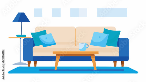 Cozy sitting area with a light wood coffee table and blue cushions on a white couch