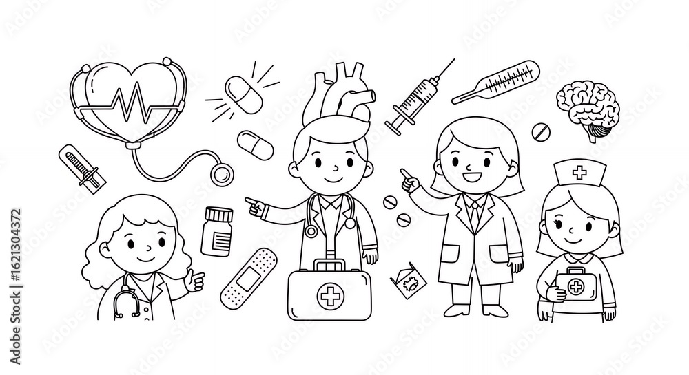 Medical Doodle Featuring Doctors Stethoscope Syringe and Heart Monitor in Black and White Style hand drawn sketch line art outline doodle minimal minimalistic black white simple cartoon drawing