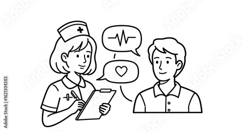 Medical Doodle Illustration of Nurse Taking Notes on Patient Chart with Heart Rate, and Heart Symbol Isolated by White Background in Hand Drawn Sketch Style