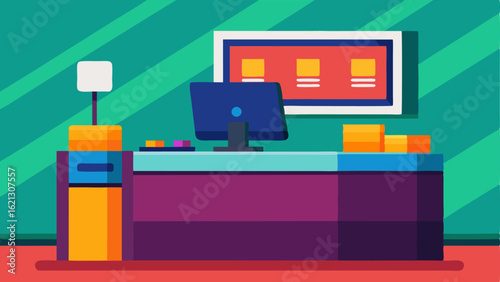 A sleek checkin desk with a computer and colorful backdrop.