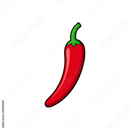 Vibrant red chili pepper with green stem on black background
