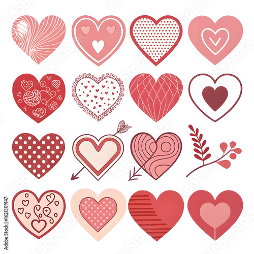 Collection of sixteen decorative hearts in various shades of pink and red featuring different patterns and styles isolated on transparent background