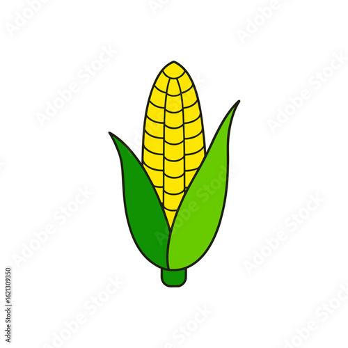 Simple illustration of a ripe yellow corn cob with green leaves