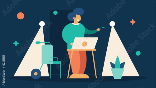 Artist Spotlight A spotlight on an artist with a disability giving a talk about their work at a podium surrounded by their art inspiring the audience with their journey and