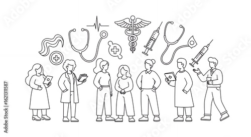 Medical Professionals and Equipment Line Art Illustration Featuring Doctors Nurses and Essential Tools in Black and White Simple Clean Style hand drawn sketch line art medical design