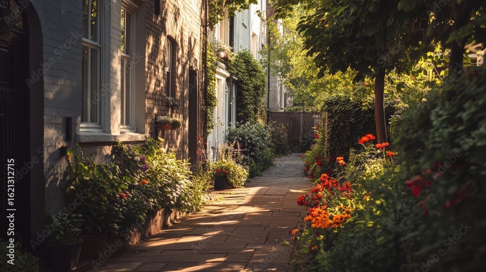 Fototapeta premium Charming Garden Pathway with Colorful Flowers and Warm Sunlight for a Peaceful Walk