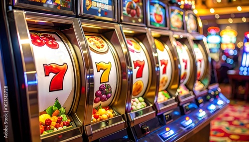Row of brightly lit slot machines