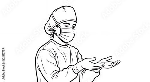 Medical Staff in Surgical Attire with Hands Up in a Detailed Black and White Line Art Illustration, Featuring Clean Design and Sterile Environment, Perfect for Healthcare and Educational Materials