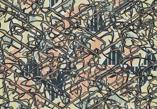 Textured backdrop created by ornate lion heads and triangle elements. Chaotic mosaic motifs for carpets, covers, scrapbooking, tiles, fashion trends, fabrics, dynamic posters, prints, interiors, etc. 