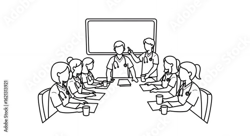 Medical Team in a Black and White Line Art Illustration Engaged in a Meeting Around a Conference Table with Doctors and Nurses for Healthcare Collaboration and Discussion, Hand Drawn Style