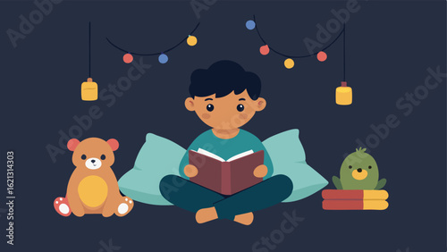 Calm Reading Corner An inviting reading nook with soft cushions dim lighting and decorative fairy lights where a neurodivergent child reads a book surrounded by plush toys.