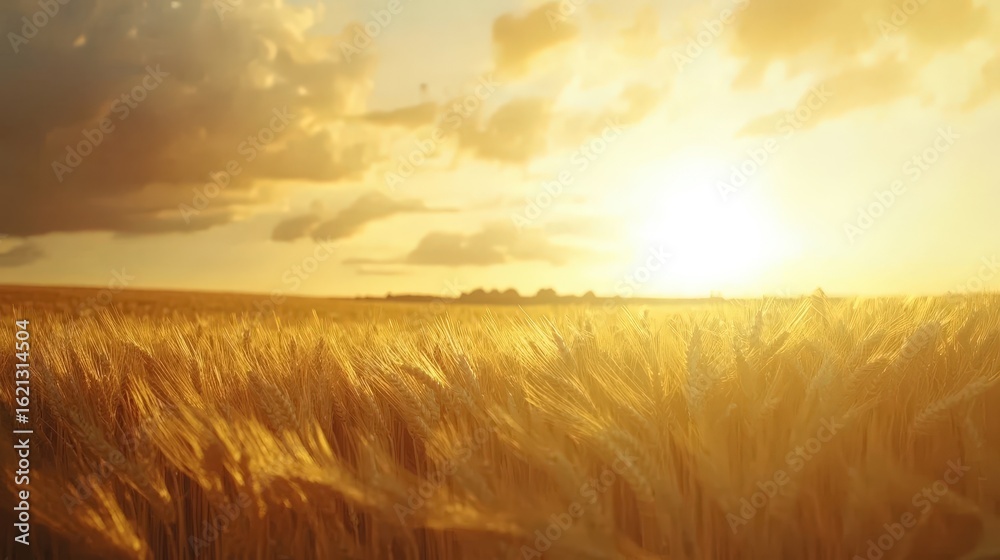 Obraz premium Golden Wheat Field Under the Bright Sunset Sky with Soft Clouds