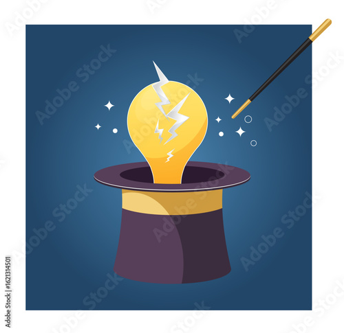 Developing New Ideas - Lightbulb Coming out of Magician's Hat - Stock Illustration
