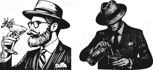  Monochrome lined engraving man with hat suit pouring cocktail vintage style photocopy effect