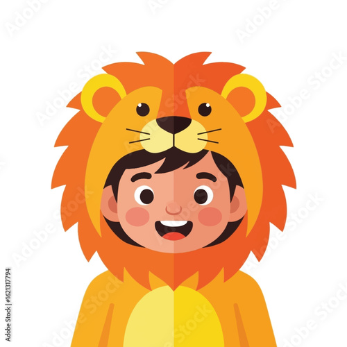 A young child dressed in a lion costume smiles cheerfully at the viewer. The costume is orange and yellow.