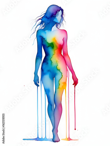 This watercolor painting depicts a stylized figure of a woman rendered in vibrant rainbow hues.