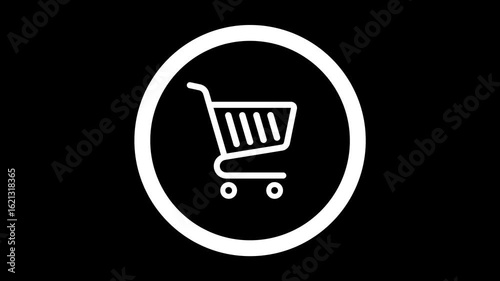 An outlined shopping cart icon within a circle appears with a simple and smooth animation. The concept of online shopping, e-commerce, or retail. 4K Motion Graphics.