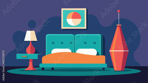 A sleek modern bedroom with a touch of retro flair from a tufted upholstered headboard to a lava lamp on the nightstand.